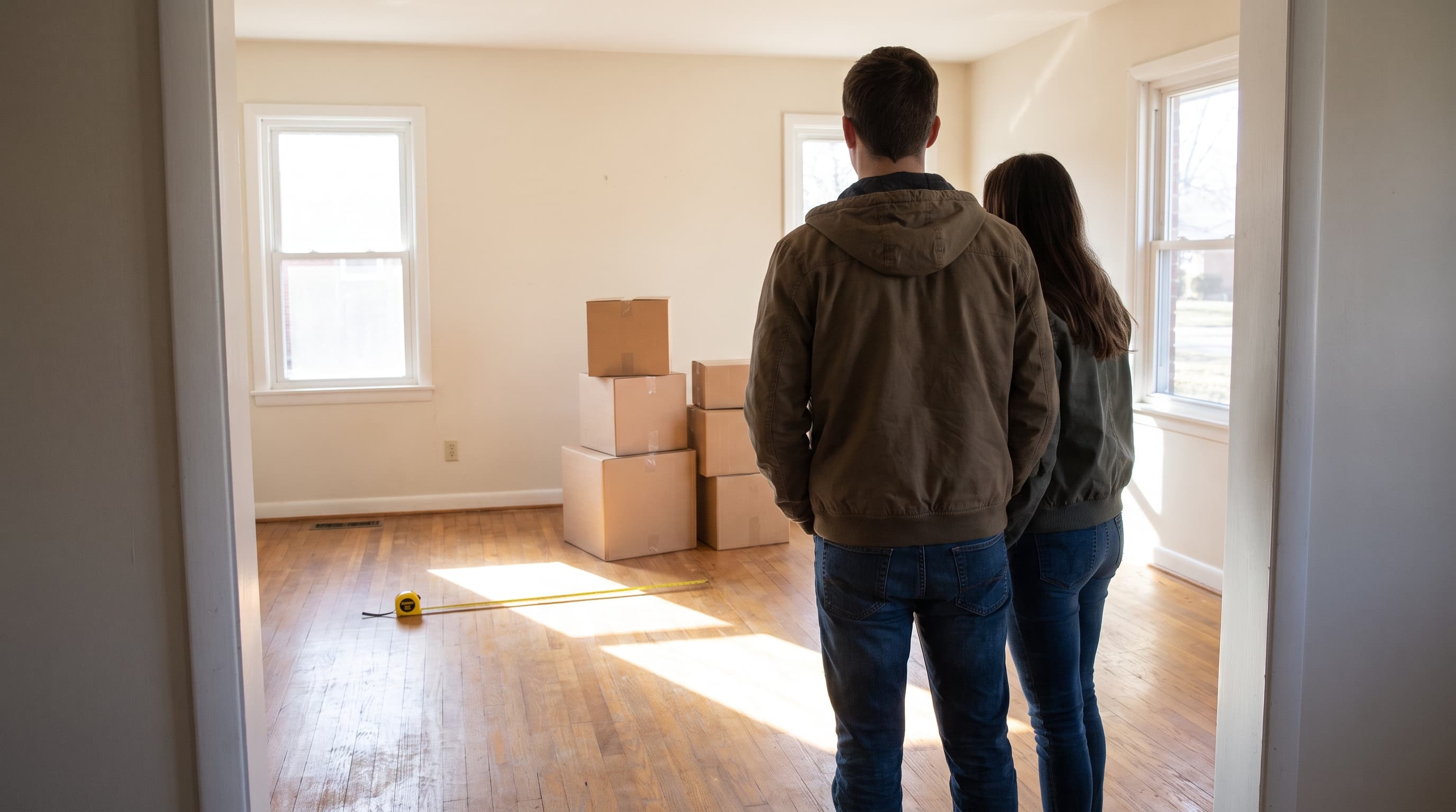 A couple seen from behind standing in the doorway of an empty, sunlit living room with hardwood floors and a stack of moving boxes against the wall.