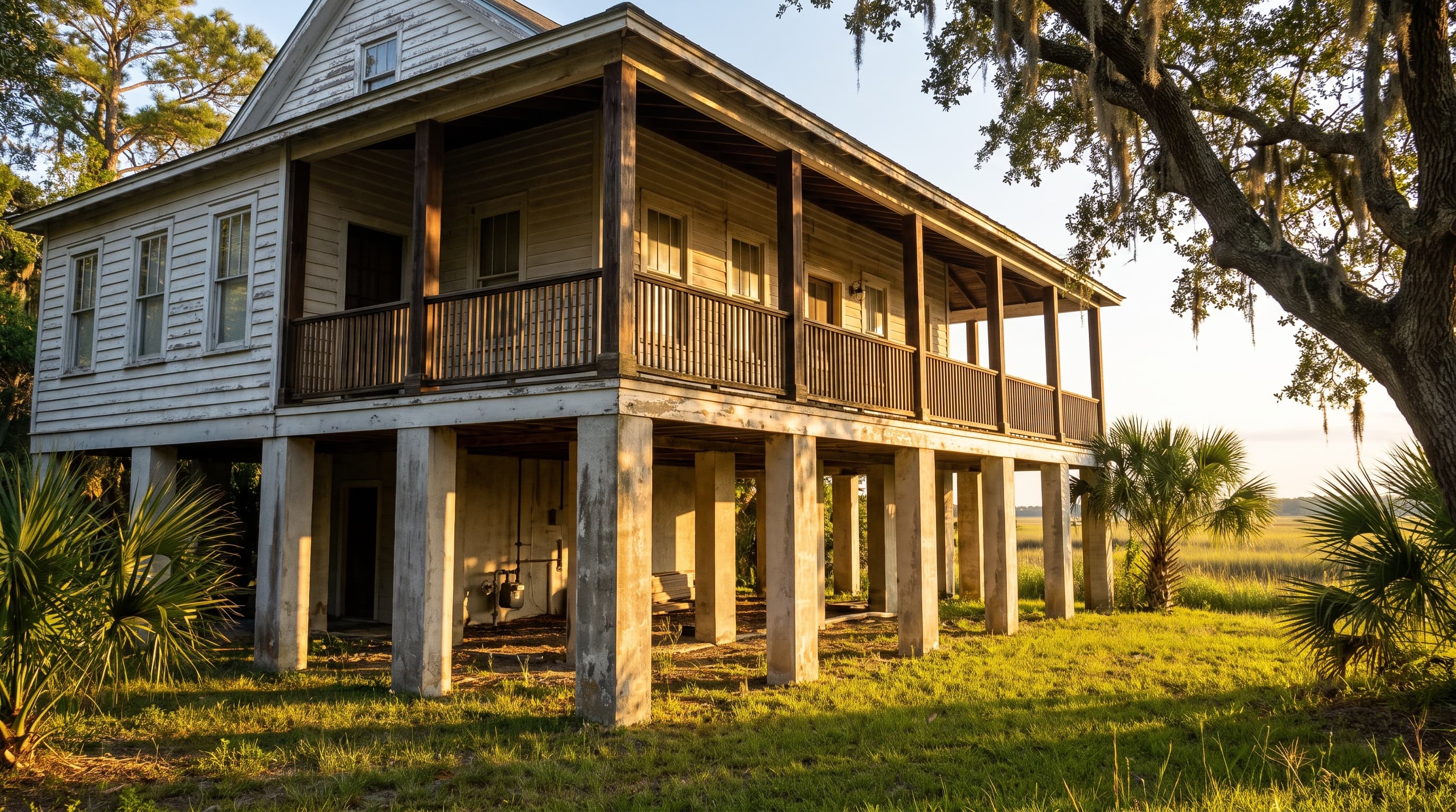 A Lowcountry Georgia home raised on concrete piers above marsh grass, its wraparound porch lit by late-afternoon sun.