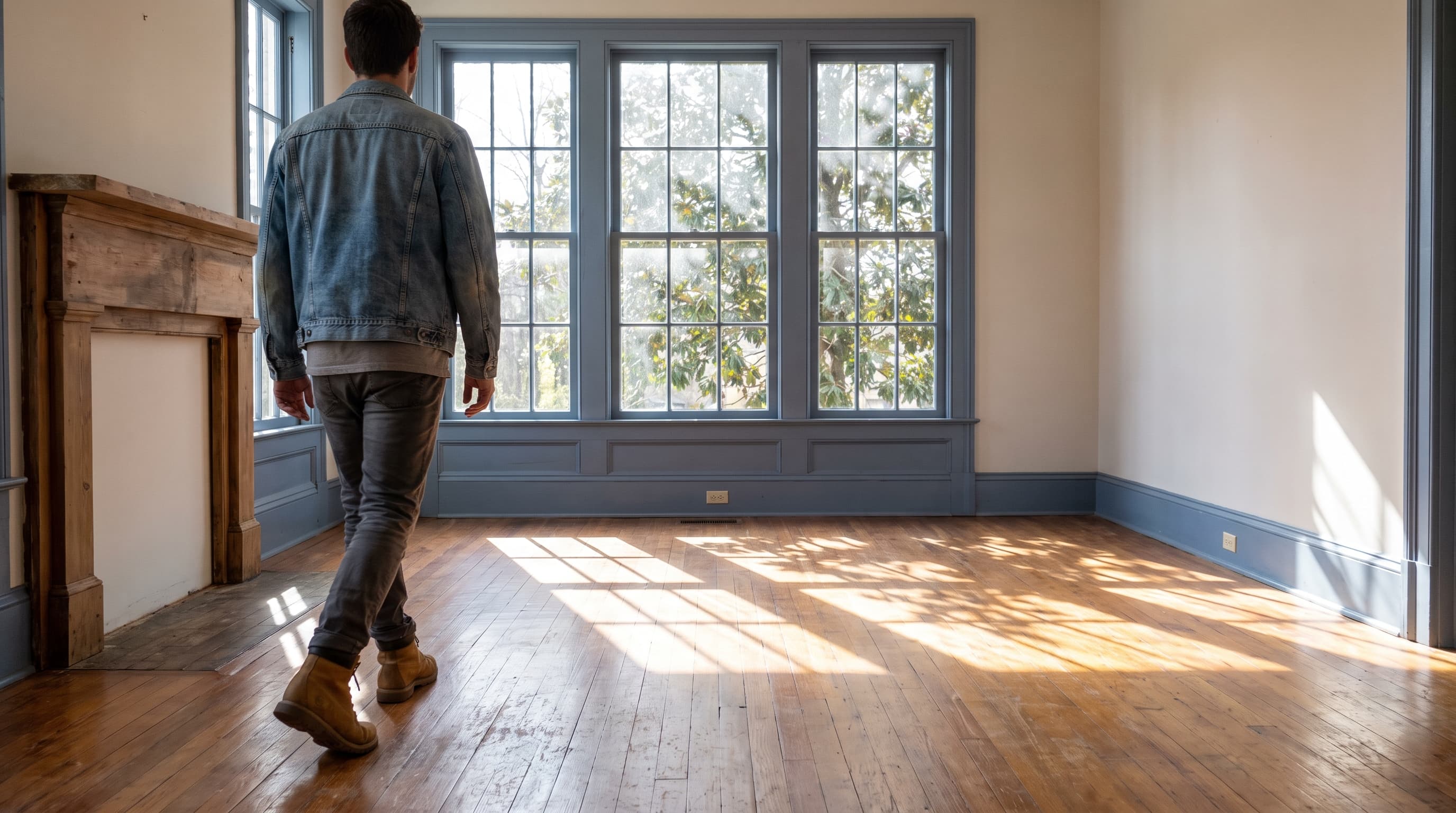 A person seen from behind walks into an empty, sunlit room with honey-toned hardwood floors and slate-blue window trim, dappled light from an outside tree crossing the bare wall.