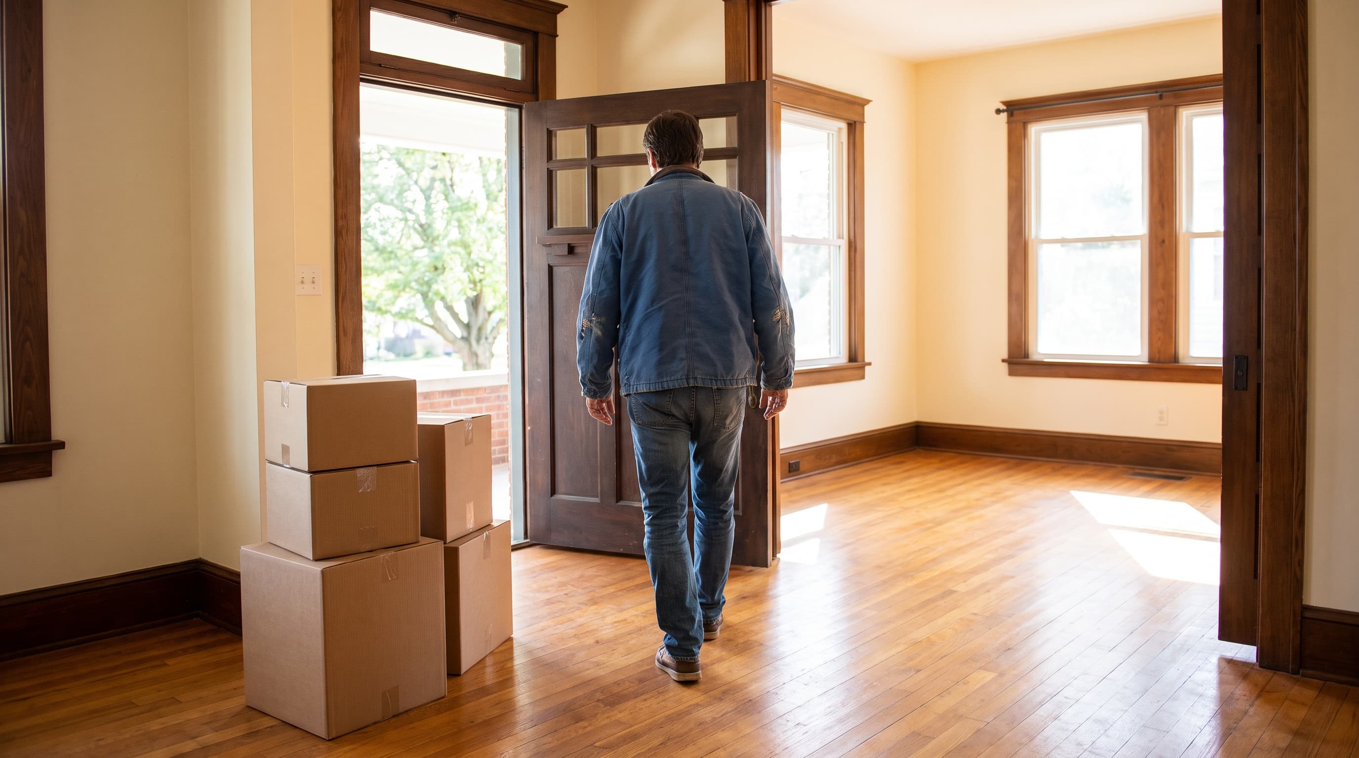 A buyer seen from behind walking into a sunlit, nearly empty front room of a Craftsman-style home, with moving boxes stacked near the open front door.
