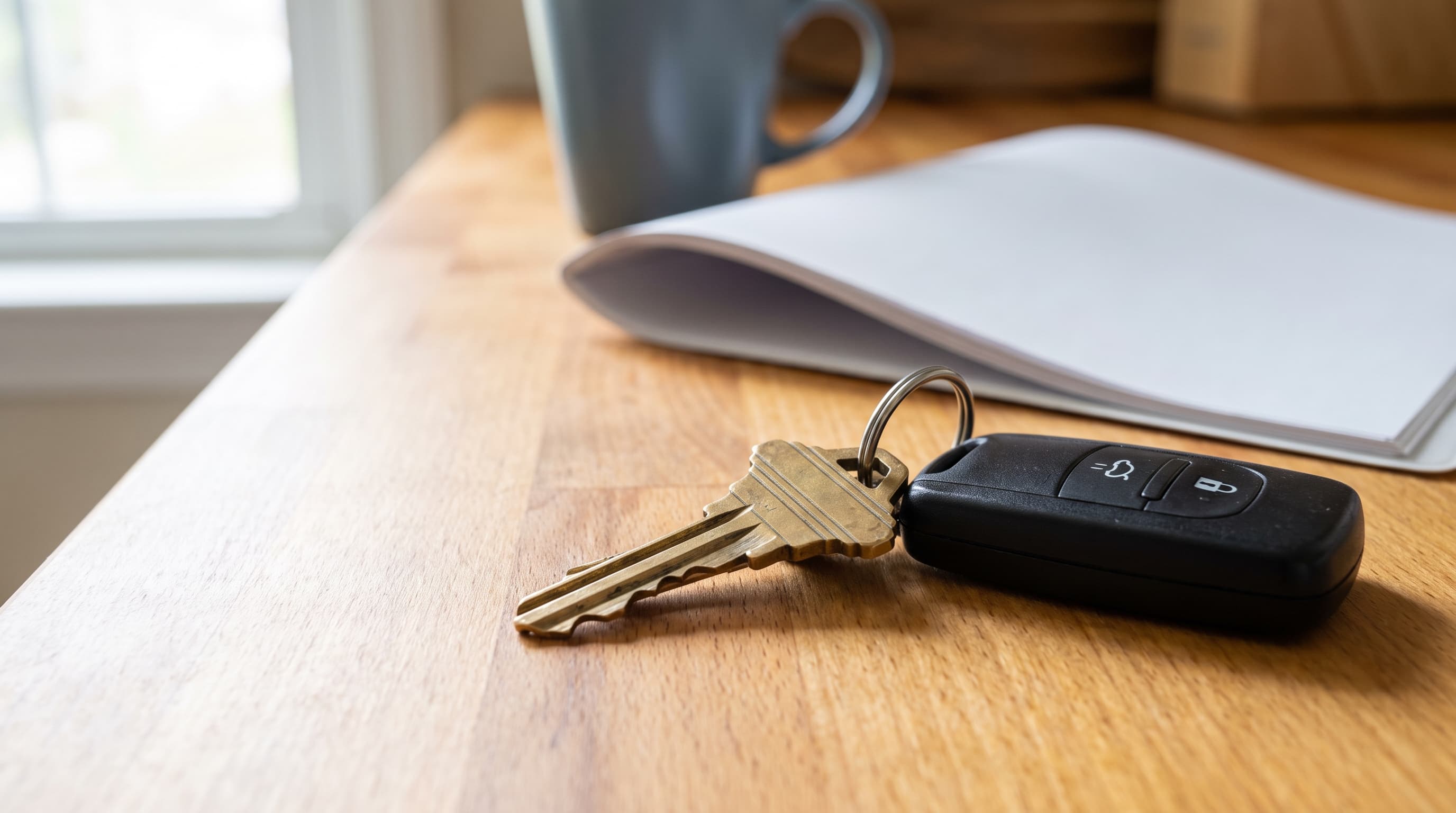A brass house key and car key resting on a wood counter beside the folded corner of an insurance document, lit by soft morning light.