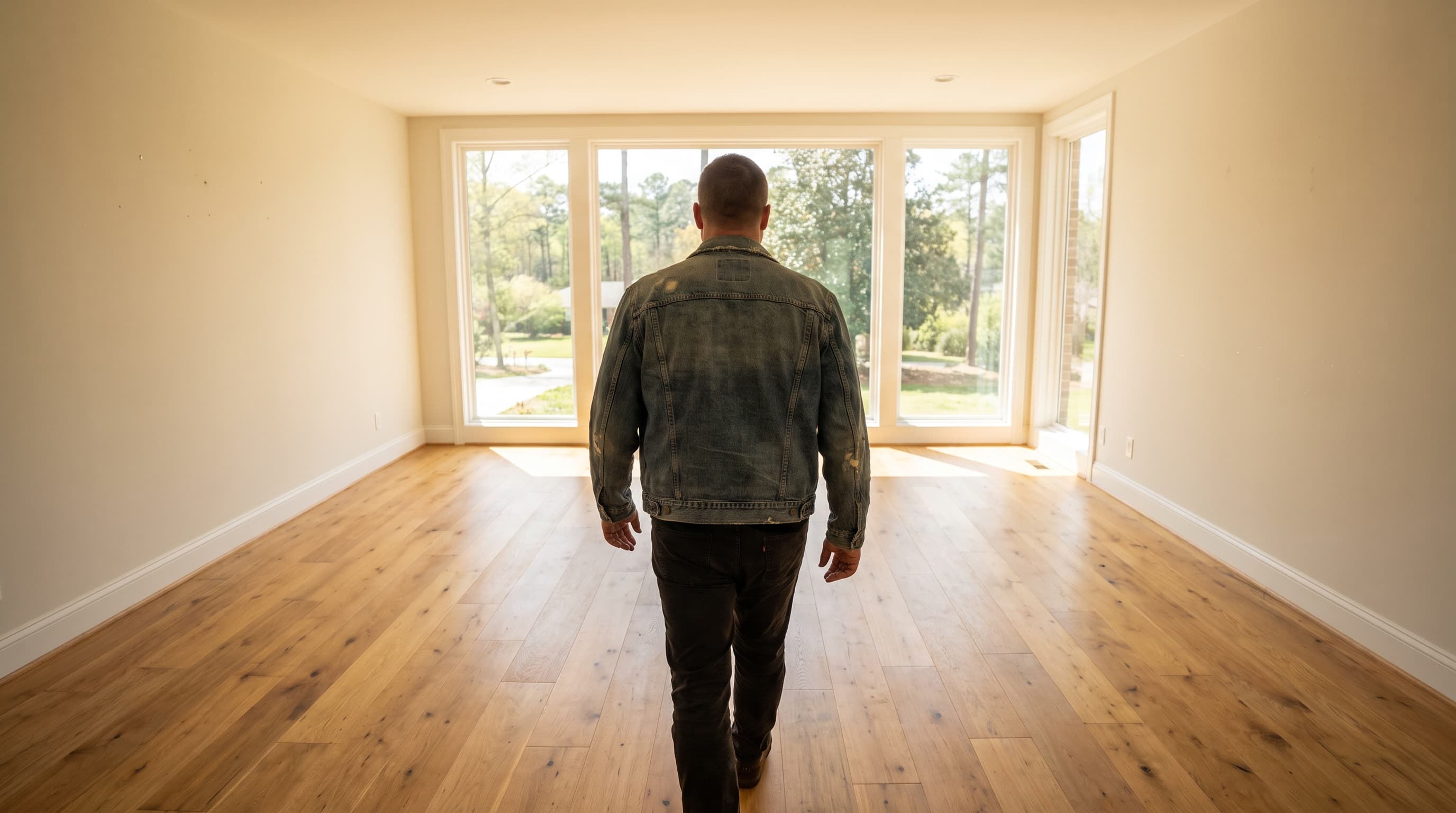 A person seen from behind walking through an empty, sunlit living room with hardwood floors and tall windows.