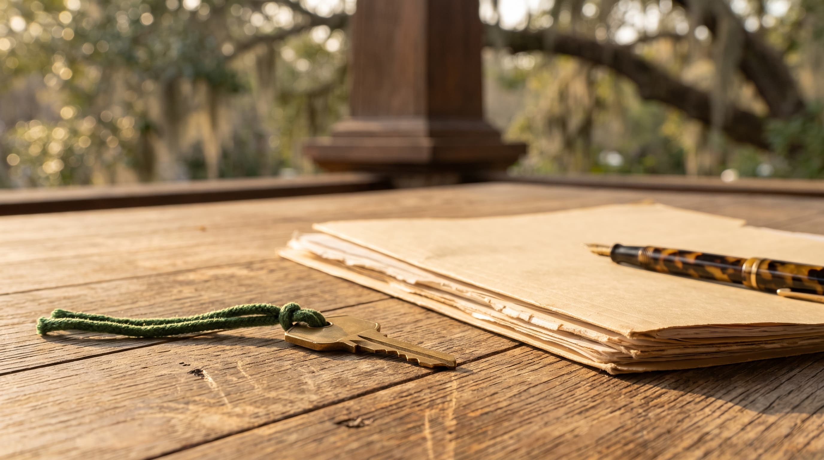 A brass house key on a green cord rests on a weathered oak porch table beside a closed folder and fountain pen, with a soft-focus porch column and live oak behind.
