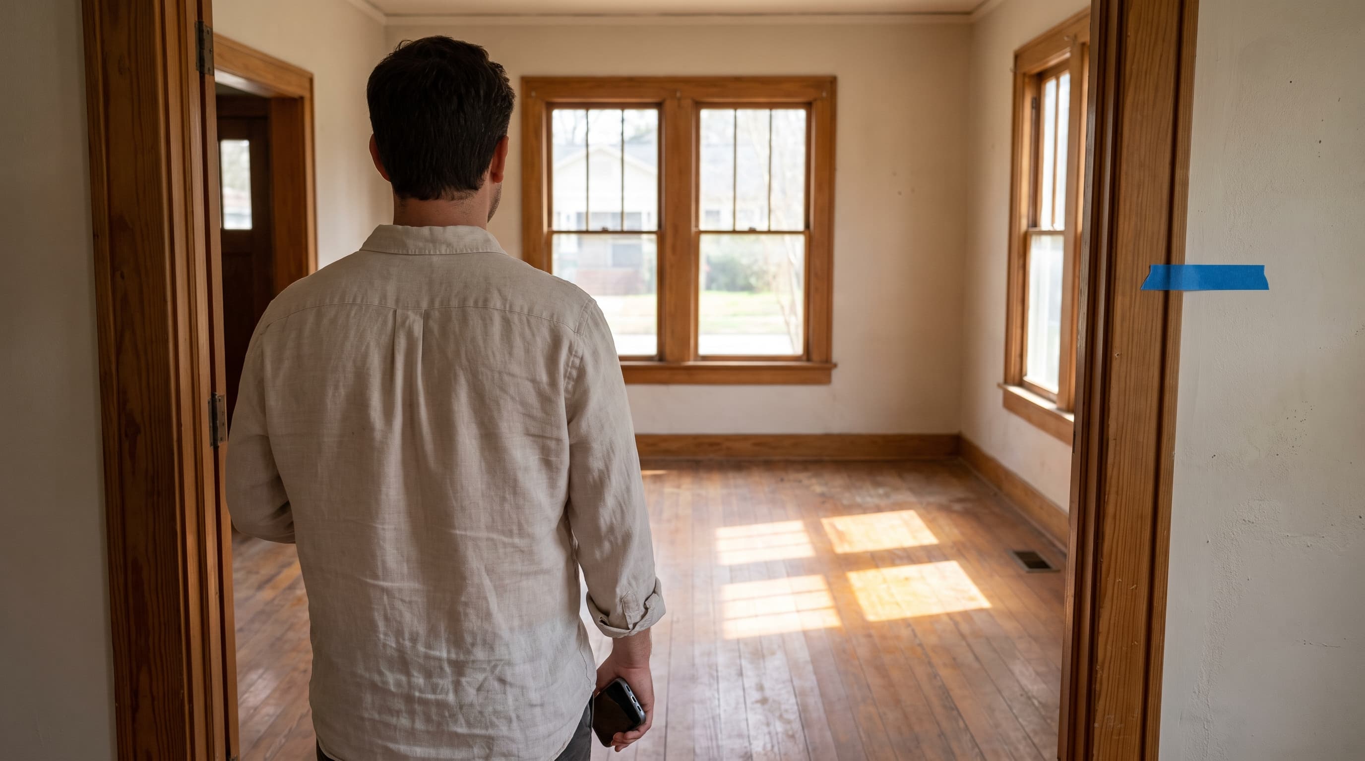 A buyer seen from behind stands in an empty Craftsman living room where sunlight from tall windows falls across worn pine floors.