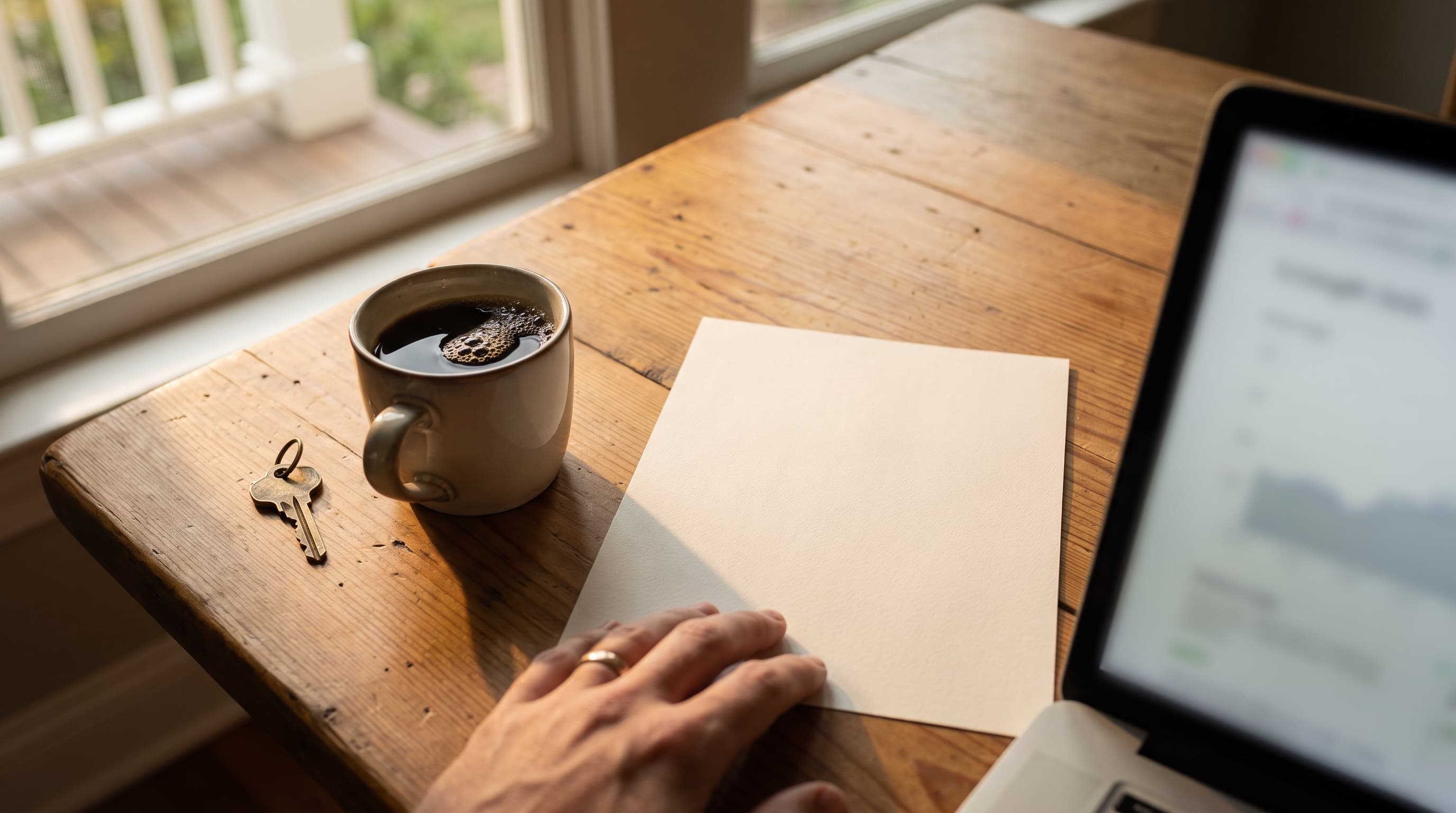 A house key and coffee mug on a sunlit kitchen table beside a blank paper and the blurred edge of an open laptop.