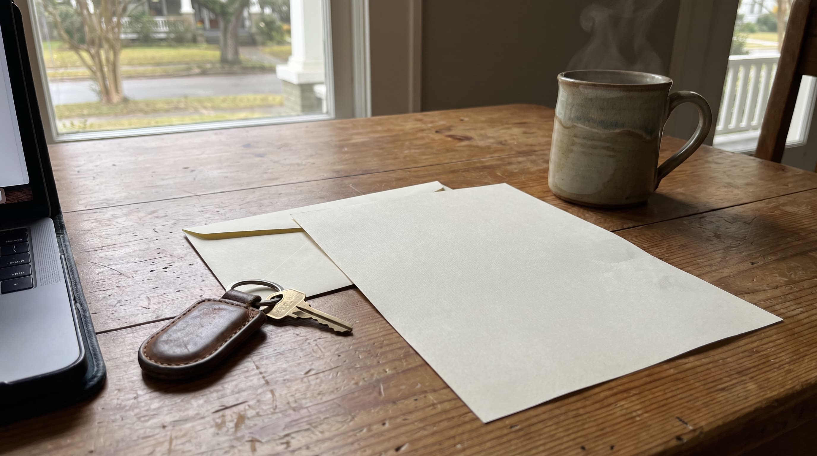 A blank mortgage escrow letter, a house key, a coffee mug and the edge of a laptop arranged on a sunlit wood kitchen table.