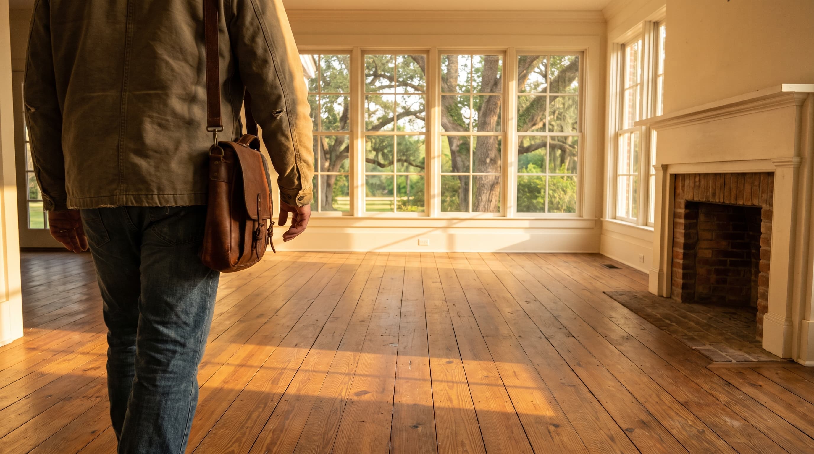 A person seen from behind walking across sunlit heart-pine floors toward tall windows in an empty living room with a brick fireplace.